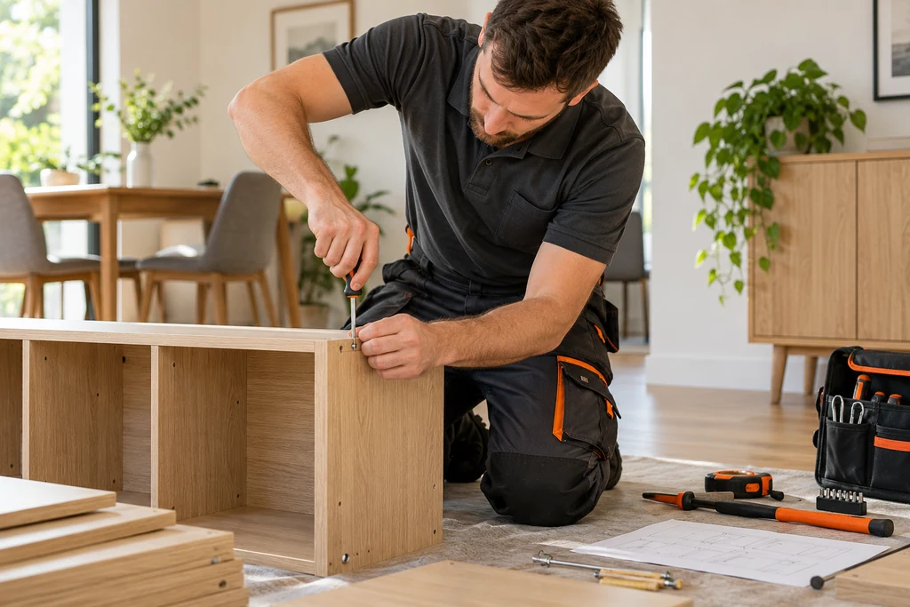 Handyman assembling furniture in a home